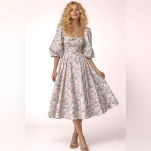 Selkie The Orchard House Dusk Dress Floral Cotton Midi Bow Back NWT XS